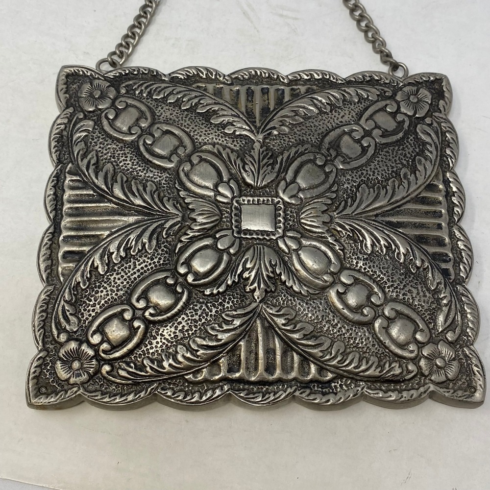 Vintage Silver Tone Ornate Floral Repousse Wall Hanging Mirror with Chain Mount - Picture 6 of 7